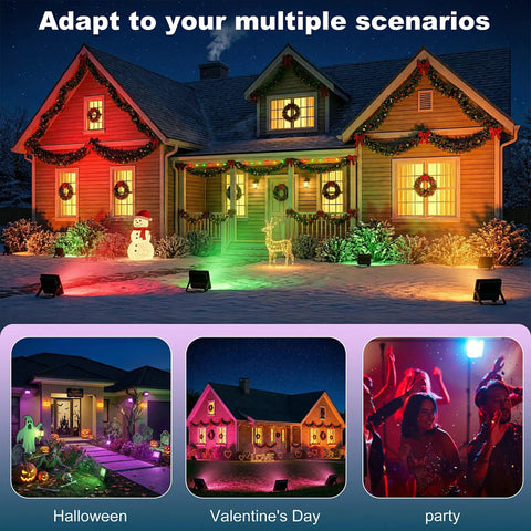 Totally Rad 15W RGB LED Flood Lights With Straight Up Bluetooth App Control And Live Music Sync Weather Resistant IP66 color changing lights illuminating a festive home.