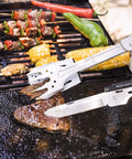 Using Six In One Folding Grill Utensils Set Featuring Fork Spatula Knife Tongs Bottle Opener And Corkscrew For Fourteen Inch Portable BBQ