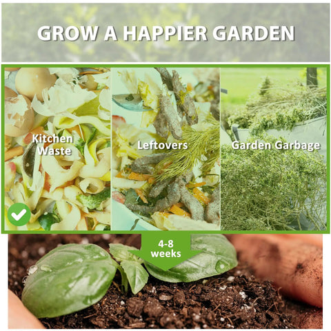 Progress stages of composting kitchen waste, leftovers, and garden garbage into fertile soil with Backyard Garden Compost Bin 80 Gallon Large Capacity Outdoor Composter With Dope Aeration System And Easy Assembly In Orange For Fast Fertile Soil From Food Waste over 4-8 weeks.