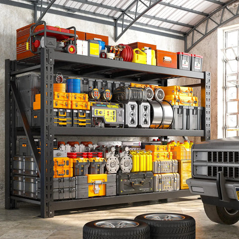 Rock Solid Industrial Storage Shelves 2 Pack 8250 Pound Capacity Heavy Duty 3 Tier Adjustable Metal Rack For Garage Warehouse Workshop And Ultimate Home Storage Needs with tools and containers stored.