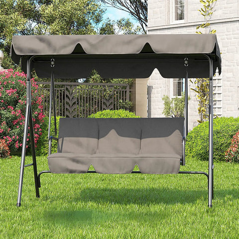 Three Seat Outdoor Porch Swing With Stand And Adjustable Canopy For Backyard Patio, 800 Lb Capacity, Tilt Shade In Grey