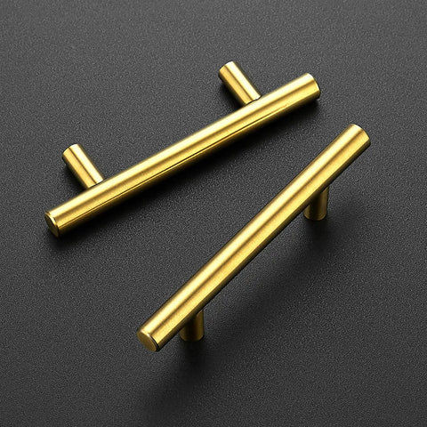 Top Shelf Slick Brushed Brass Cabinet Handles Featuring A Three Inch Hole Center And Five Inch Length For Dead Simple Swaps And Serious Home Glow Ups Thirty Pack Of Heavy Duty Drawer Pulls. Two handles displayed on a dark background.