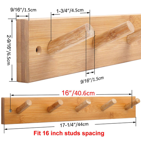 Wall Mounted Coat Rack With Five Hooks, 16 Inch Hole Spacing, Solid Bamboo Peg Rail For Hats Coats Towels Jackets Clothes