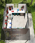 Interior view of 8x12 Ft Outdoor Metal Shed Built Tough For Everyday Yard Gear With Open Firewood Bay And Lockable Doors, Galvanized Steel.