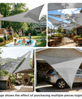 4 views of 6 Ft By 6 Ft By 6 Ft Triangle Sun Shade Sail For Outdoor Patio Canopy Built Tough No Sag Design Heavy Duty UV Protected Shade Cloth For Backyard Garden Porch Customizable Light Gray installed over various outdoor spaces.