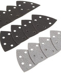 Sandpaper Assortment Kit With Hook And Loop Triangle Pads 12 Pack Universal Fit For All Brands shown in two colors on white background