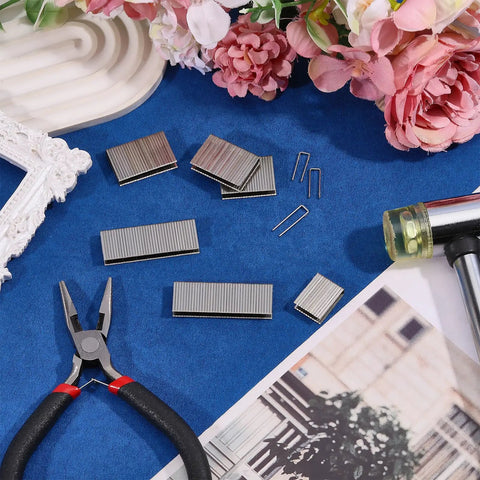 160 Piece Heavy Duty Plantation Shutter Repair Staples Kit with stainless steel pins and pliers on a blue background.