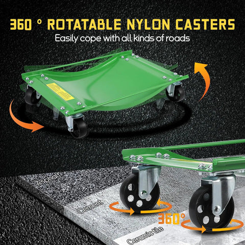 Heavy Duty Wheel Dolly Set Two Pack Rolling Tow Skates with 360° rotatable nylon casters for cars, trucks, and SUVs.