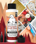 Pro Grade Precision Craft Glue With Tip Kit Included Dries Clear Metal Tip Wrinkle Resistant displayed with arts and crafts
