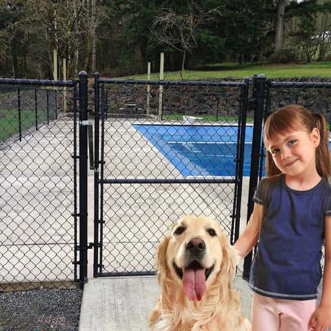 Child and dog by fence with self closing gate closer visible, suitable for outdoor pool and dog gates, heavy duty, stainless steel.