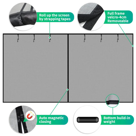 Garage Door Screen For 2 Car Garage With Magnetic Closure And Heavy Duty Weighted Bottom Self Sealing Fiberglass Mesh, details shown.