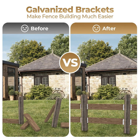 Before and after images of a fence using Rock-Solid 2x4 Fence Brackets for Wood Posts and Rails, Heavy-Duty Galvanized Steel Connectors.