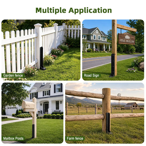 Heavy Duty Fence Post Repair Kit With Rock Solid H Shaped Steel Extenders And Dead Simple Ground Spike Anchors displays multiple applications including garden fence and mailbox posts.