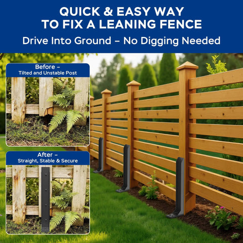 Before and after of Heavy Duty Fence Post Repair Kit Features Rock Solid 2 Mm Steel Stabilizers To Hold Leaners Tight.
