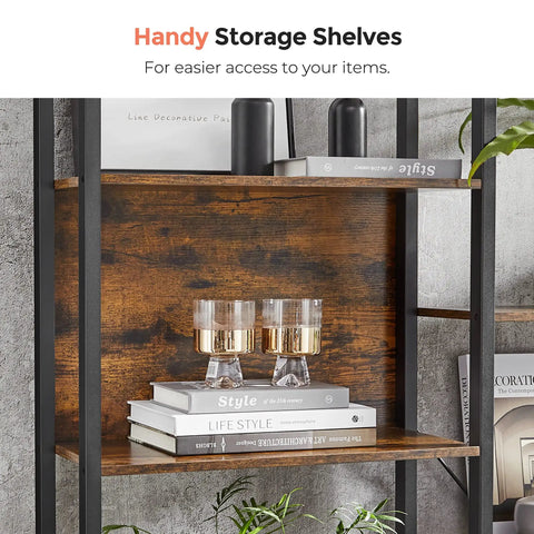 Five Tier Free Standing Bookshelf Built Tough With A Heavy Duty Steel Frame And Wide Wooden Shelves For Smart Storage And Laid Back Home Vibes That Is A Total Game Changer For Any Living Space, showcasing rustic shelves with decor.