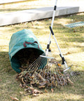 Two Pack Adjustable Yard Rake Set With 63-Inch 15-Tine Big Rake And 30-Inch 9-Tine Small Rake, extendable handles in use on lawn