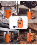 Top Shelf 20 Ton Hydraulic Cylinder Jack For Beefy Industrial Lifting And Pushing Orange Steel Body used on construction site.