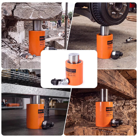 Top Shelf 20 Ton Hydraulic Cylinder Jack For Beefy Industrial Lifting And Pushing Orange Steel Body used on construction site.