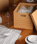 Straight Up Reliable Medium Packing Boxes With No Drama Lift Off Lids And Double Bottom Corrugated Cardboard Storage Containers For Chill Moving Days Pack Of Ten holding wine glasses and plates.
