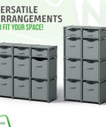 Nine Cube Storage Organizer With Bins Included For Toy Storage Closet Storage And Clothes Storage Grey All In One Cabinet System With Nine Cubes And Cabinet Space Saving Design Easy Build And Kid Friendly Organization, showing two arrangements of the organizer.