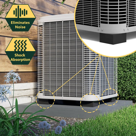 Badass Heavy Duty Rubber Anti Vibration Pads Square Isolation Mats For Central Air Conditioner Outdoor Units HVAC Systems And Air Compressors To Smooth Out Shaky Rides And Lift Gear Clear Pack Of Four Black placed under AC unit for shock absorption.