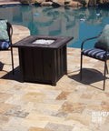 Outdoor Propane Fire Pit Table Top With 40,000 BTU, 30x30 Inch Square Tile Table Top beside pool with chairs