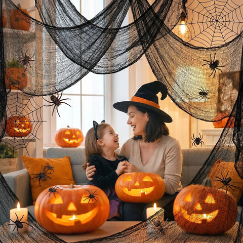 Badass Halloween Creepy Cloth Five Piece Black Pack Stretchy Cotton Fabric 30 X 72 Inch Killer Haunted House Drapery for spooky decor with pumpkins.