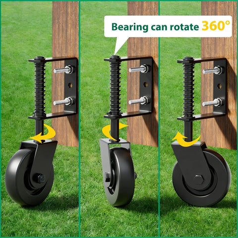 Badass Heavy Duty Gate Wheels 4.3 Inch Solid Steel Roller With Spring Shock Absorption showing 360-degree rotation mechanism