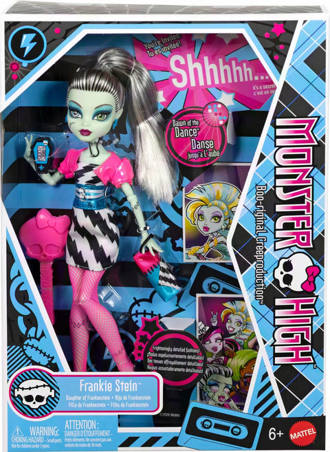 Fresh Frankie Stein Reproduction Doll From The Iconic Dawn Of The Dance Lineup featuring a stylish black-white party dress and pink accessories.