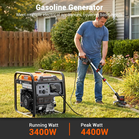 Man using lawn tool powered by Beefy 4400 Watt Open Frame Inverter Generator For Home Backup, RV Ready With 30A Outlet in garden