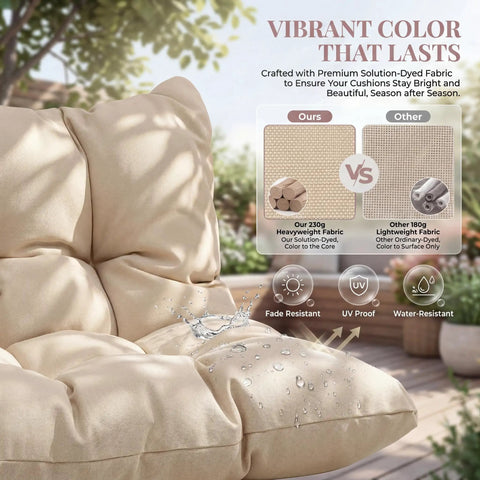 Beige cushioned seat showing water-resistant and fade-resistant fabric features, with comparison chart and benefits.