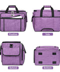 Smooth Rolling Sewing Machine Case With Wheels And Solid Frame Easily Haul Your Craft Gear Across Town As A Comfy Purple Trolley Tote showing multiple angles.