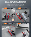 True RMS 6000 Counts Auto Ranging Digital Multimeter measuring voltage, current, frequency, and temperature in four images.