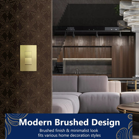 Frameless Brushed Gold Paddle Wall Light Switch Single Pole 3 Wire 15A 120 277VAC UL Listed installed in living room