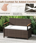 Wicker Outdoor Storage Bench With Hidden 46 Gallon Gas Strut Lift Up Storage, Acacia Wood Armrests, Seat Cushion on Patio