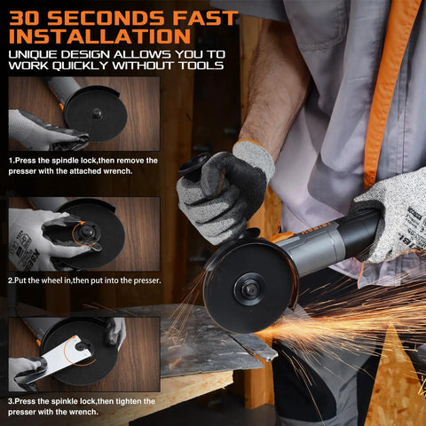 No Nonsense 4-1/2 Inch Angle Grinder 7 Amp 12000 Rpm Built Tough demonstrating fast installation process with tool-free operation.