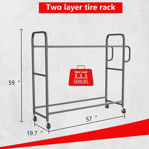 Heavy Duty Tire Rack With Adjustable Crossbars And Slick Swivel Casters Real American Heavy Lifter For Garage Organization Featuring Reinforced Carbon Steel Build Supporting Up To Five Hundred Pounds Hassle Free with dimensions 59" height, 57" width, 19.7" depth.