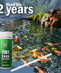 Super Slick 7-in-1 Pond Test Strips easy-peazy water quality check displayed near koi fish pond with 50 testing strips visible.