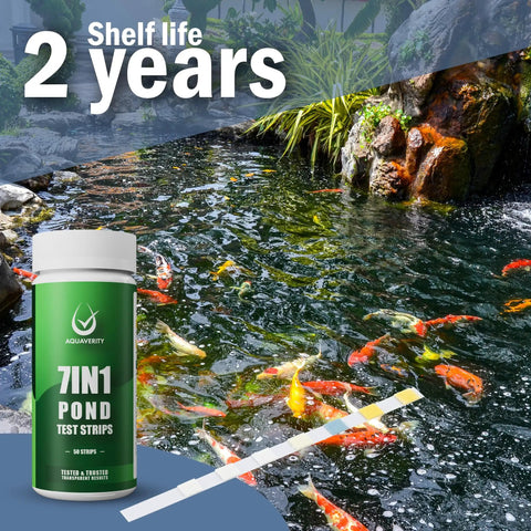 Super Slick 7-in-1 Pond Test Strips easy-peazy water quality check displayed near koi fish pond with 50 testing strips visible.