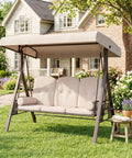Three Seat Patio Swing Chair With Adjustable Canopy Cozy Outdoor Porch Swing Glider With Removable Cushions Pillows And Side Trays For Garden Poolside Or Backyard Beige set on lawn