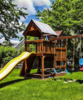Wooden playset with slide featuring All Season Protection 43 By 90 Inches Swing Set Canopy Replacement Tarp for backyard playsets.