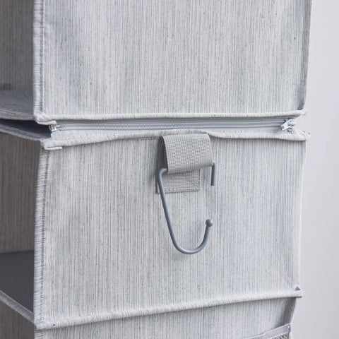 Close-up of the Hella Versatile Hanging Closet Organizers, 10 Pack Convertible Storage Shelves, Gray with zip and hook.