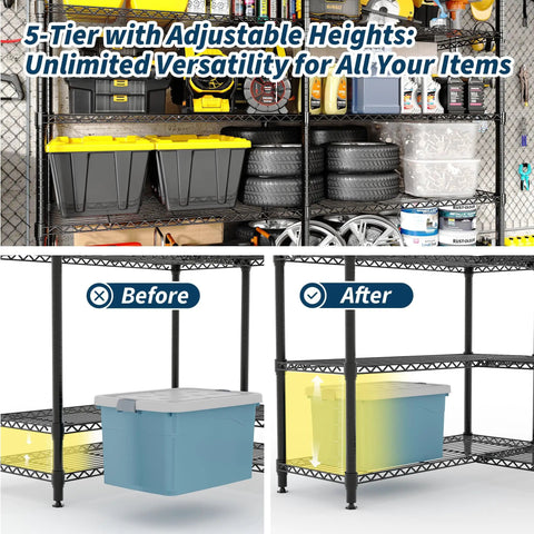 Built Like A Tank 5 Tier Adjustable Metal Shelving Unit Heavy Duty Wire Storage Rack showcasing adjustable heights for garage items.