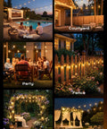 Various settings with 100Ft Outdoor String Lights With Remote Dimmable And Connectable Warm White LED Patio Lighting For Backyard Porch Deck Or Balcony Weatherproof Shatterproof Bulbs Three Modes And Memory Function Totally Lit, including pool, courtyard, party, fence, garden, and wedding.