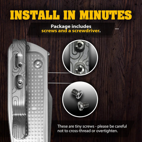 Fly Titanium Tc4 Pocket Clip Upgrade For Leatherman Free T And P Series showing installation details and screws required.