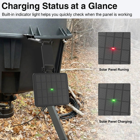 12V Deer Feeder Solar Panel 2.4W Monocrystalline Trickle Charger with indicator lights showing charging status and connections.