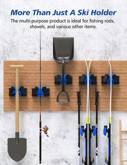 Ditch The Clutter With This Heavy Duty Ski And Snowboard Wall Rack For Garage Space Saving Storage Holds Six Boards Securely With Nonslip Soft Rubber Pads Keeps Your Winter Rides Grab And Go Ready - multi-purpose wall rack holding ski poles, fishing rods, and a shovel.