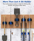 Durable Ski Wall Rack with Nonslip Rubber Grips Stores Winter Gear Safely in Garage or Shop, holding skis, shovels, and fishing rods.