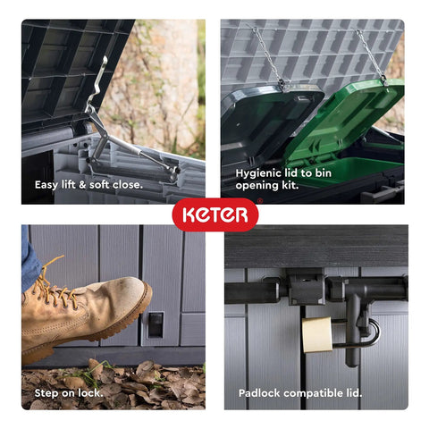 Store It Out Prime Outdoor Resin Storage Shed With Hydraulic Pistons Easy Lift Hinges Ventilation Panels Steel Reinforcement Bin Opening Kit Perfect For Yard Tools Pool Toys And Garden Gear, showing features like step on lock and padlock compatibility.