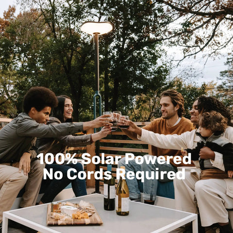 Group enjoying outdoor evening with Cordless Outdoor Solar Floor Lamp With Bluetooth Speaker No Wires Needed For Patios And Decks Weatherproof All Weather Outdoor Space 100 Percent Solar Powered Firefly Two Point Zero Light And Sound illuminating the area